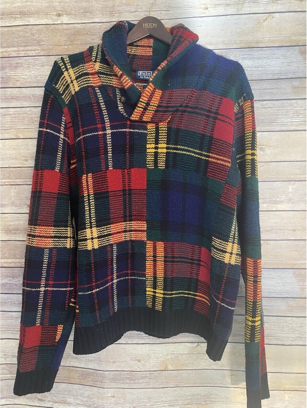 Vintage POLO RALPH LAUREN Patchwork Plaid Wool Shawl Collar Sweater Size L Large